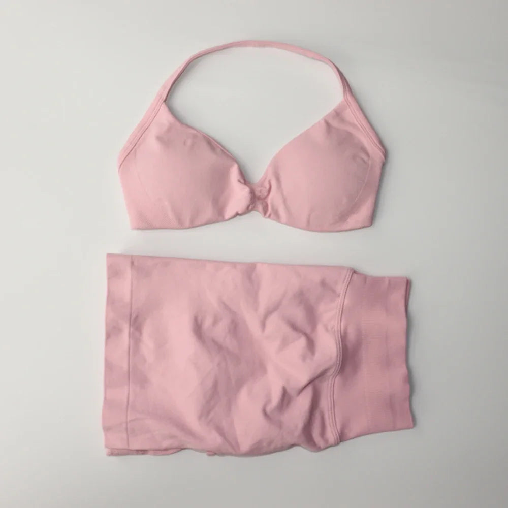 Seamless Sportswear Workout Set Women Two Piece Strappy Yoga Bra Top Scrunch Shorts Gym Clothes
