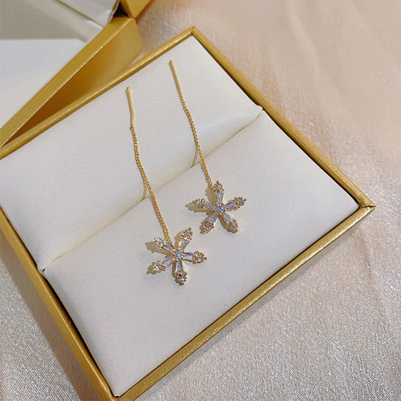 S925 Silver Needle Micro-inlaid Zircon Flower Ear Line Exquisite Light Luxury High Quality Drop Earring Star Jewelry Gifts