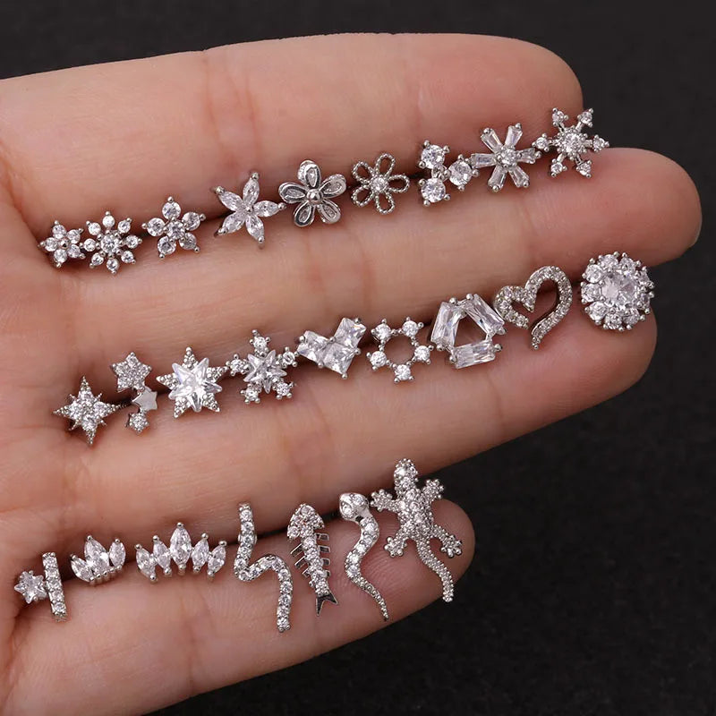 1PC Stainless Steel Gold Color Silver Color Flower CZ Tragus Cartilage Helix Star Ear Stud Piercing Zircon Daith Earring