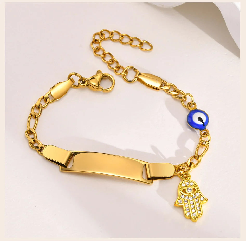 Hamsa Evil Eye Chain Bracelet  for Little Boy Girl, Engrave Customized Name Bracelet, Hand of Fatima Lucky Jewelery
