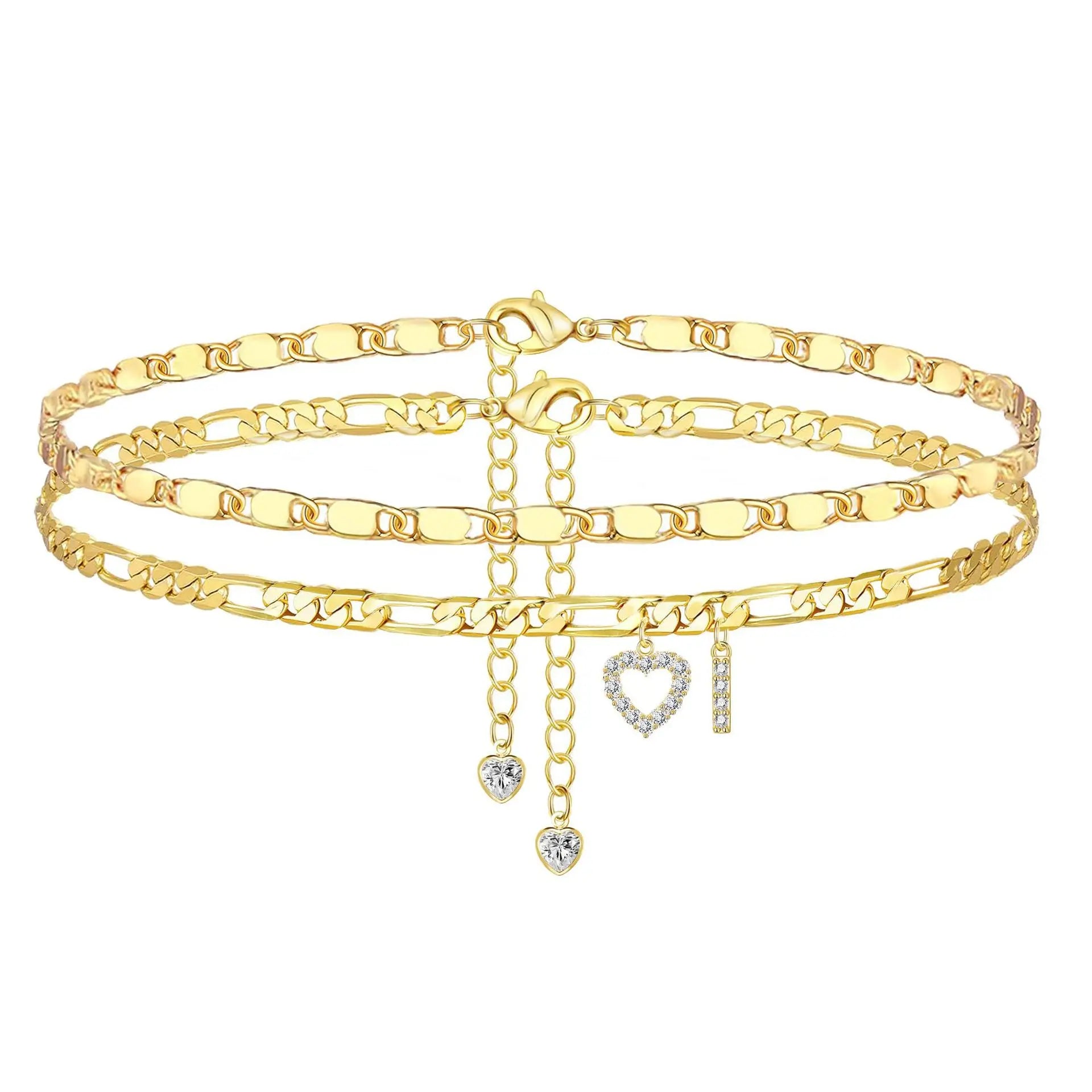 Gold Anklet Bracelet for Women Waterproof 18K Gold Plated Stainless Steel Figaro Hammer Chain Ankle Chain Bracelets Foot Jewelry