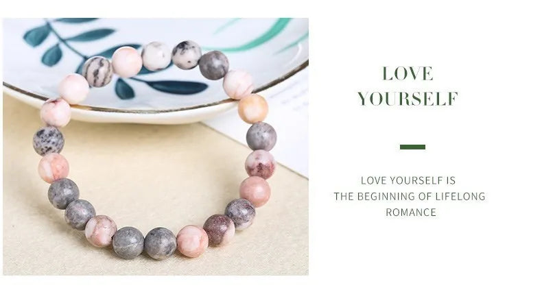 JD Natural Pink Zebra Jasper Stone Bead Bracelet Handmade Yoga Healing Wristband Jewelry for Women Men Bohe Simple Jewelry Gift