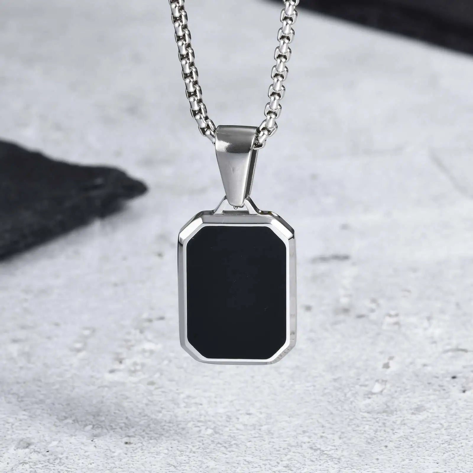 Casual Mens Geometric Square Necklaces,Black Enamel Rectangle Pendant with Rope Box Long Chain Collar,Stylish Jewelry Gifts
