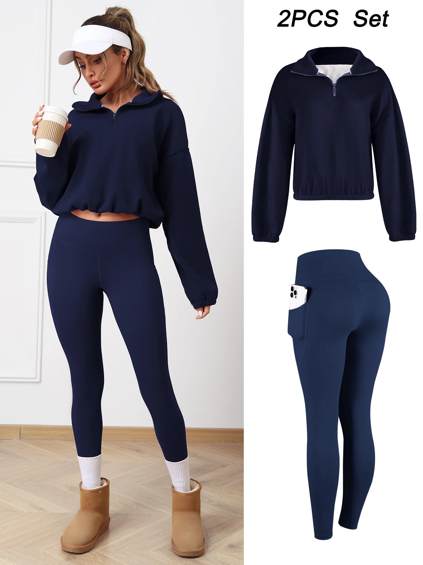 2PCS Thermal Yoga Set Fleece Fintness Suit Women's Sports Set  Fleece Pullover Sweatshirt with Non-fleece-lined  Leggings