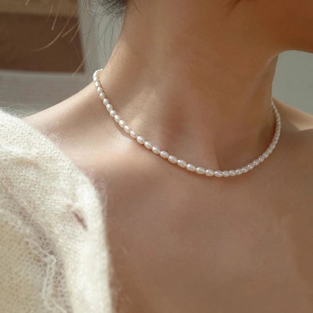 eManco 3MM Imitation Pearl Necklaces Oval White Stainless Steel Necklace Women's Collarbone Chain