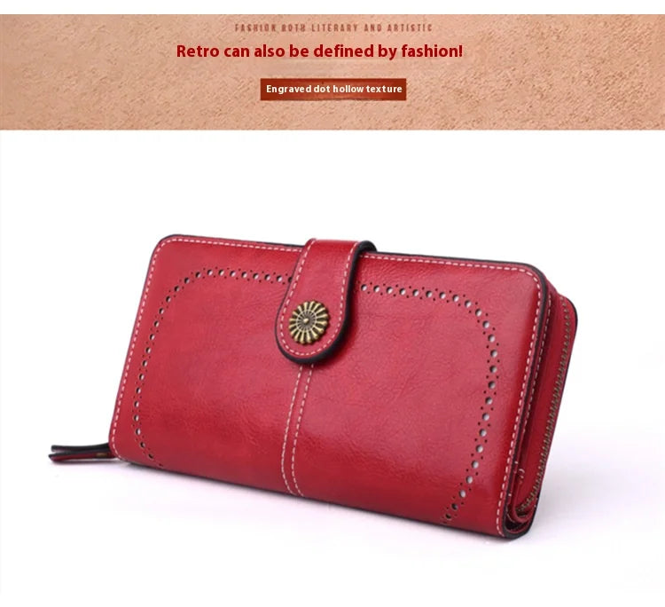 Fashionable new hollow out coin purse for women's oily leather phone bag, long zipper handbag,coin bag Triple fold ladies wallet
