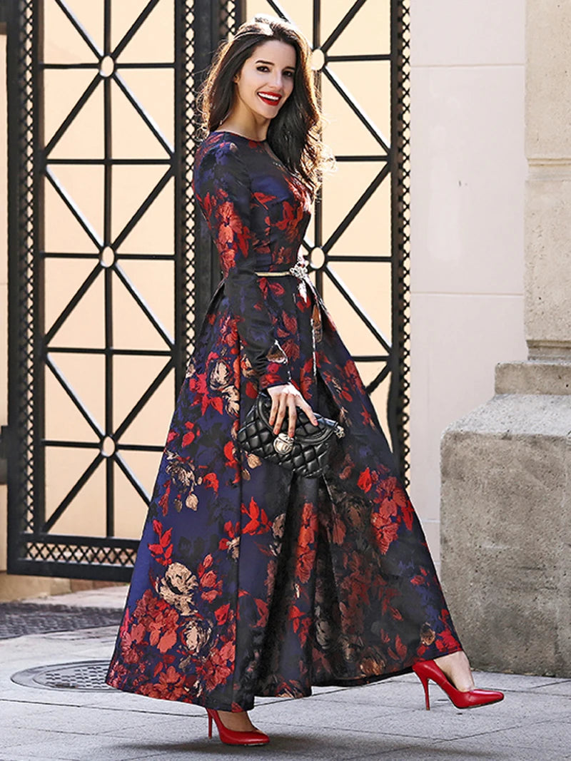 DEVCHATA Good Quality Women Long Sleeve Maxi Dress Fall Fashion Boho Floral Jacquard Ladies Elegant Vintage Party Muslim Clothes