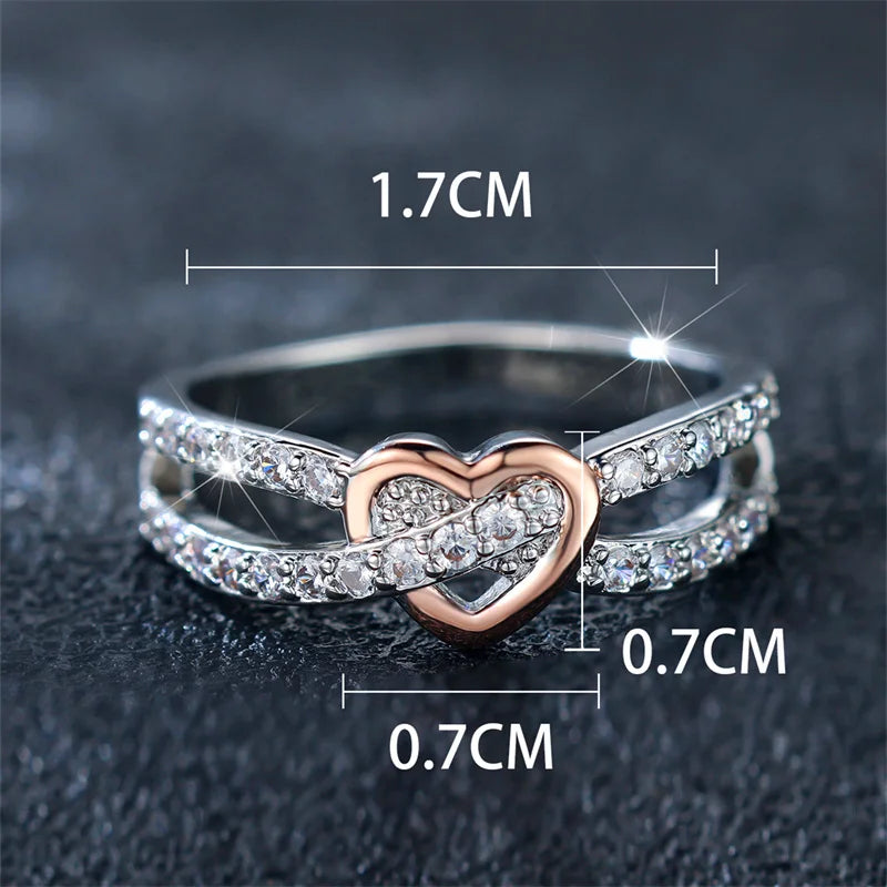 White Zircon Heart Ring - Rose Gold Silver Engagement Wedding Band