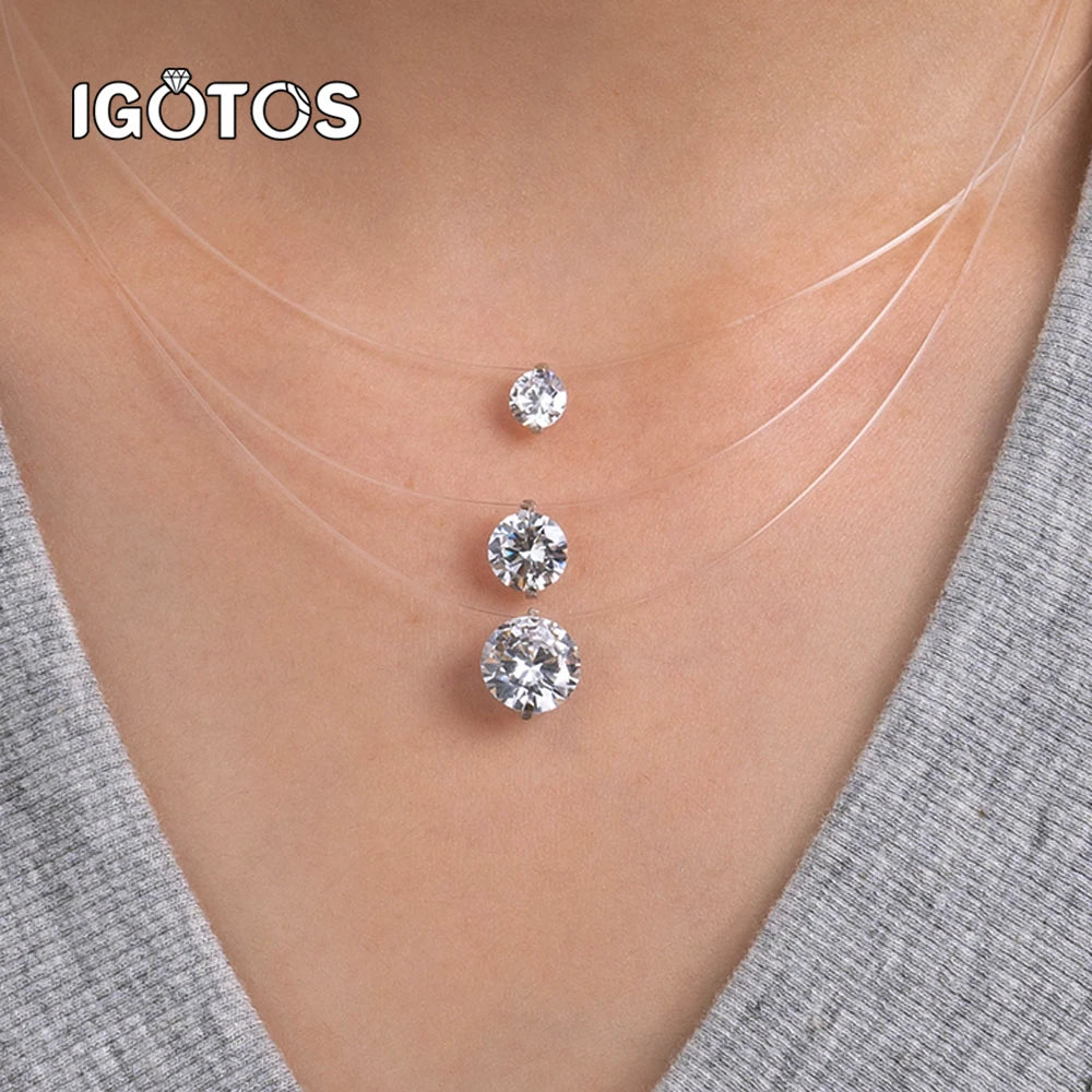 IGOTOS 0.5-5CT Moissanite Pendant Necklace Women GRA Certified 925 Sterling Silver Transparent Fishing Line Choker Chain Jewelry