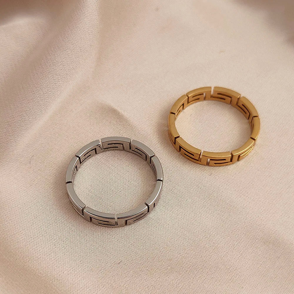 Creative - Greek key pattern stainless steel finger ring, high quality waterproof jewelry, gift for friends