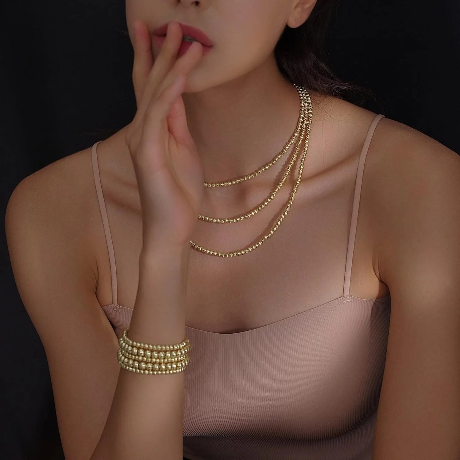 Gold Plate Bead Bracelet for Women 14K Gold Plated Bead Ball Bracelet Stretchable Elastic Hypoallergenic Bohemian Stackable