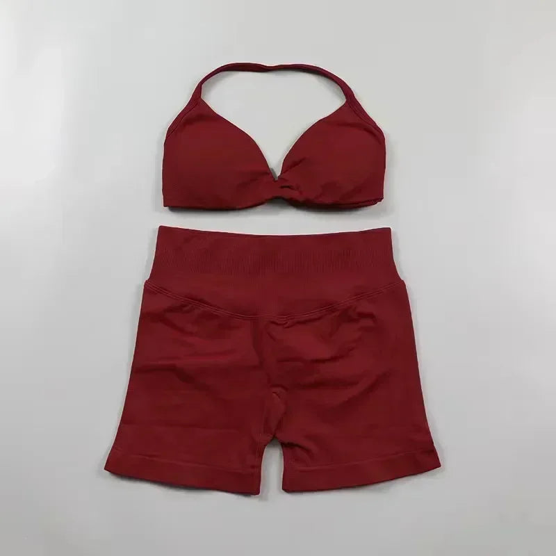 Seamless Sportswear Workout Set Women Two Piece Strappy Yoga Bra Top Scrunch Shorts Gym Clothes