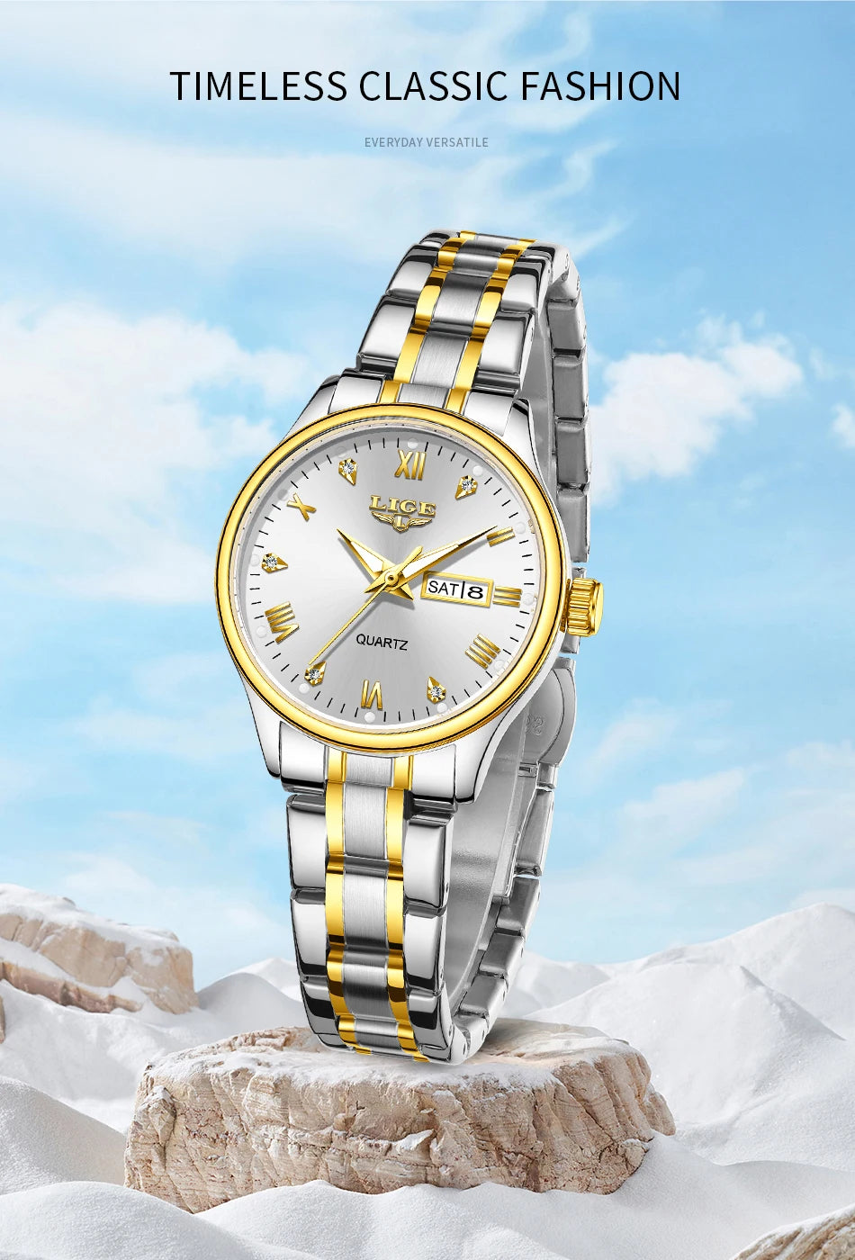 LIGE Women Wrist Watch Original Watches for Ladies Waterproof Stainless Steel Luxury Quartz Woman Wristwatch Diamond Dial Clock