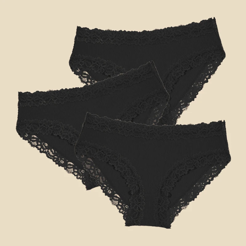 3PCS/Set Cotton Lace Underwear for Women Sexy Ribbed Floral Panties Comfortable Low-Waist Briefs Female Solid Comfort Lingerie