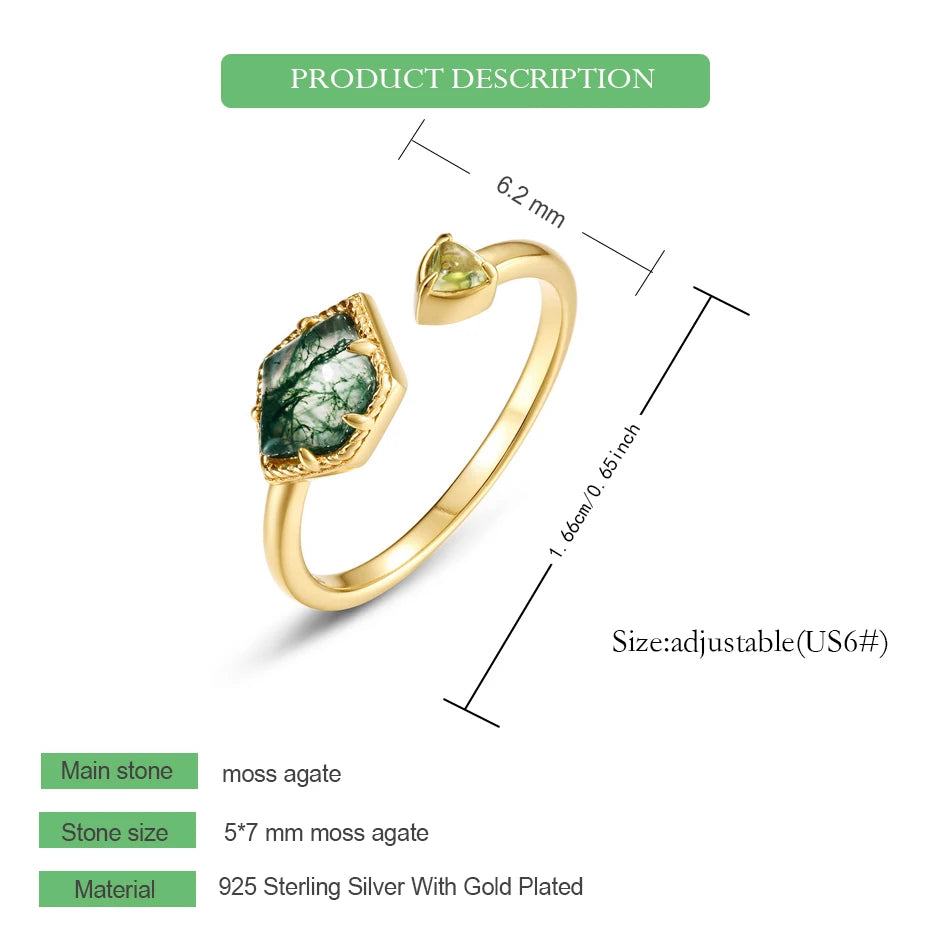 WES 925 Sterling Silver Open Ring for Woman Classic Unique Green Moss Agate Crystal Ring Engagement Gift Wholesale Oval Cut