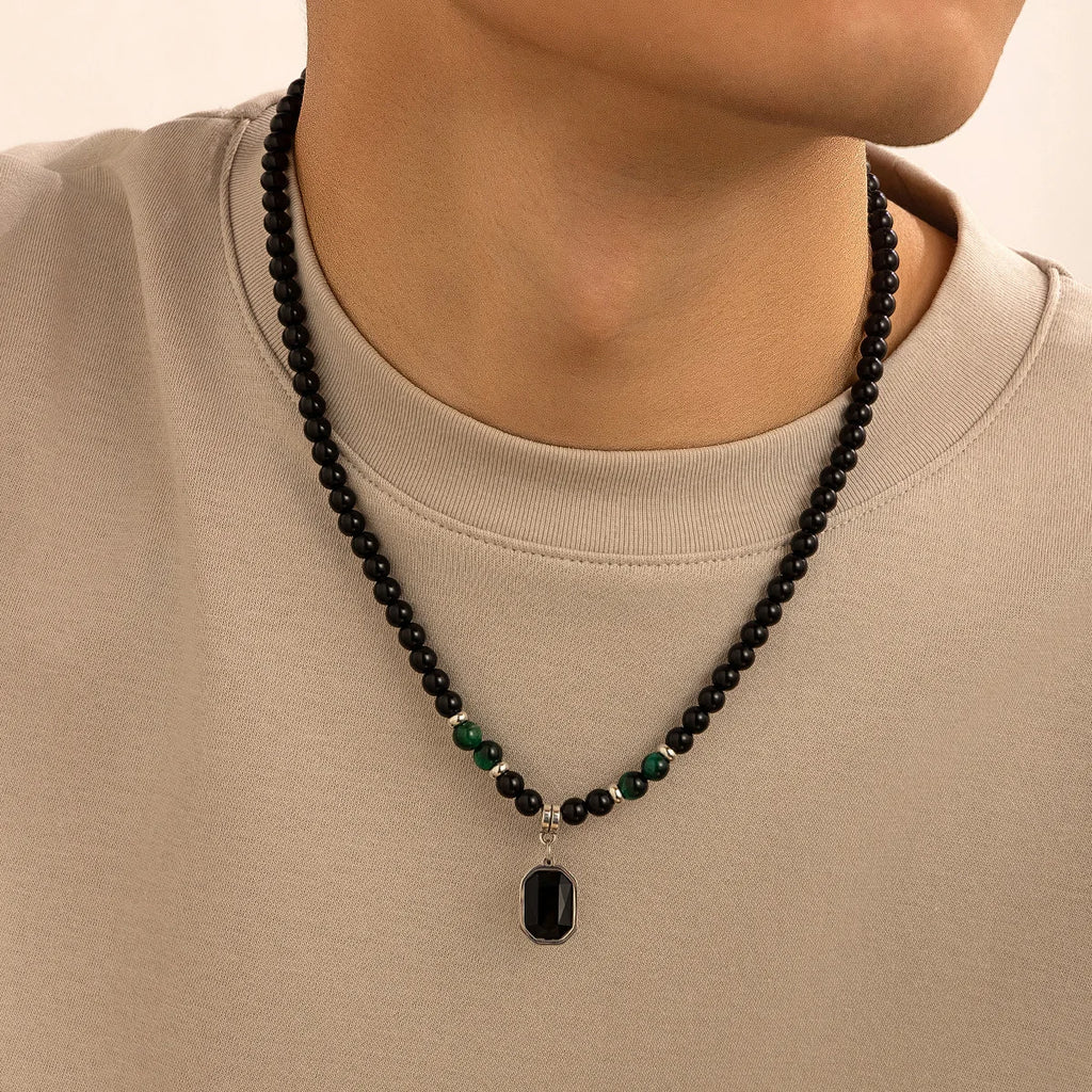 HNSP Black Crystal Pendant Bead Rosary Necklace For Men Jewelry Accessories