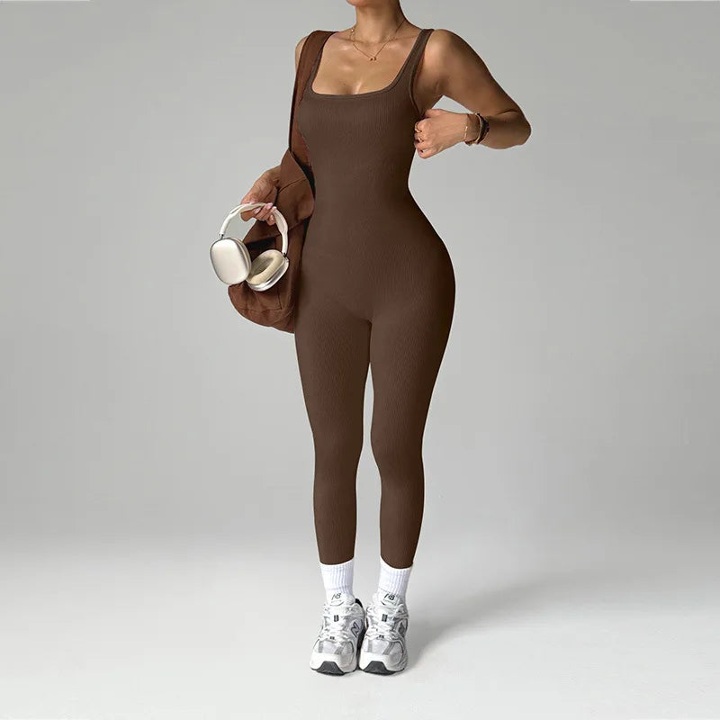 Outdoor quick-drying yoga wear for sports, women's yoga cycling, running and fitness set, solid-color yoga jumpsuit