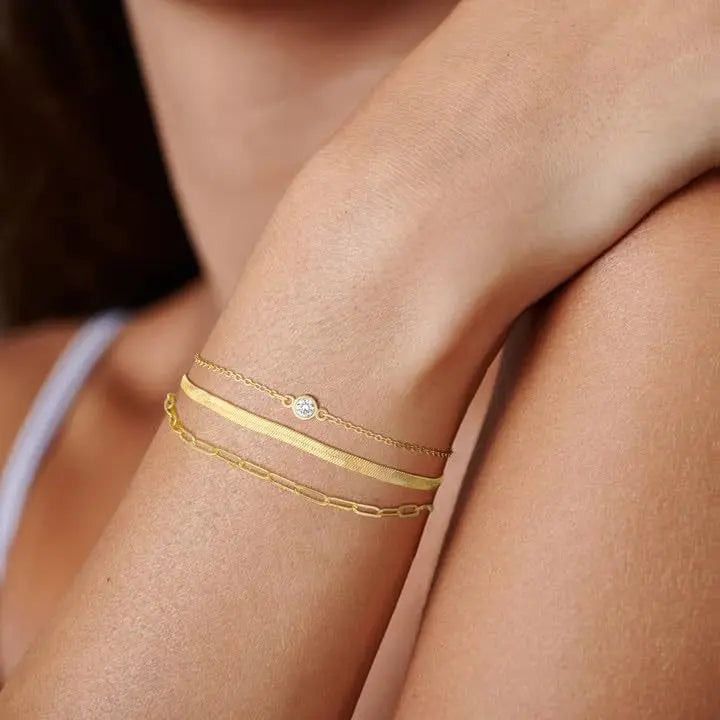3pcs 14K Gold Plated STAINLESS Waterproof Bracelet Sets for Women Girls Snake Chain Cuban Link Cuff Bangle Stackable Bracelets