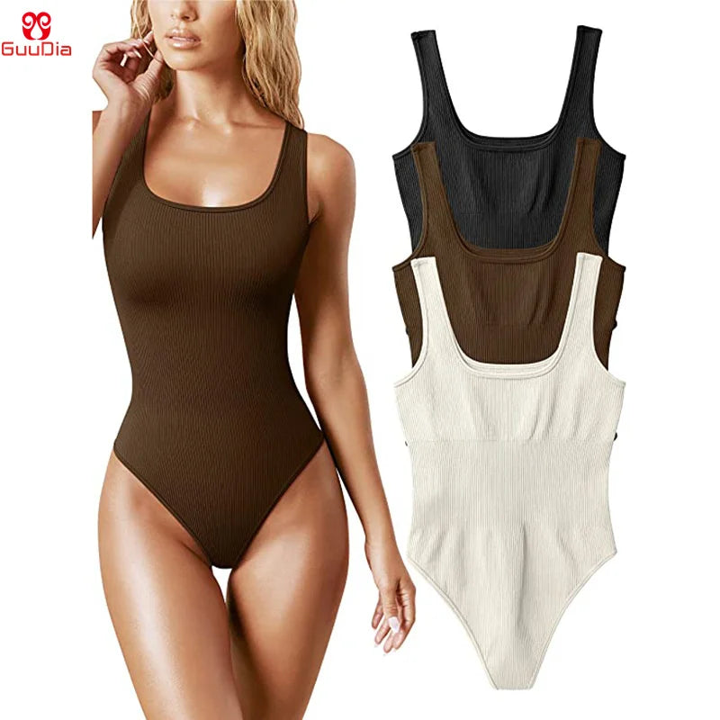 GUUDIA Ribbed Tummy Jumpsuit - Daily Shaper Bodysuit Open Crotch