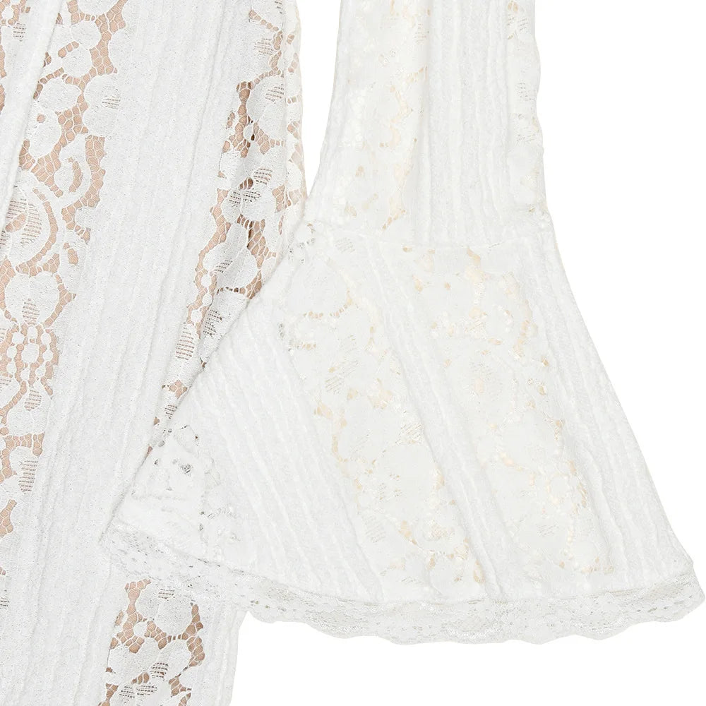 Suninheart Wedding Guest Dress - Off Shoulder Lace Flare Sleeve Maxi