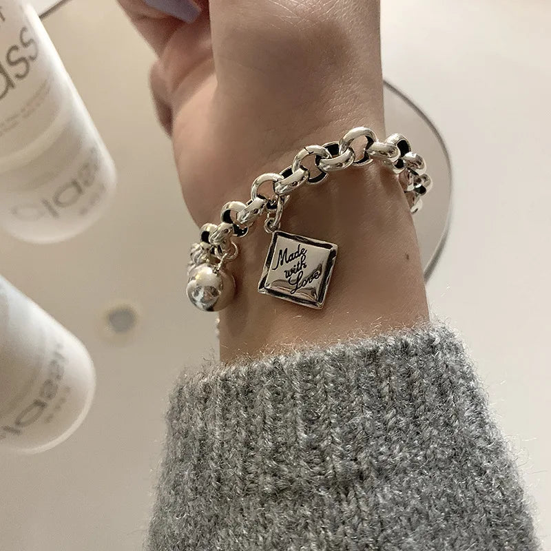 New 925 Silver Geometric Bead Punk Peace of Mind Words Irregular String Bracelet For Woman Girl Fashion Jewelry Gift Dropship