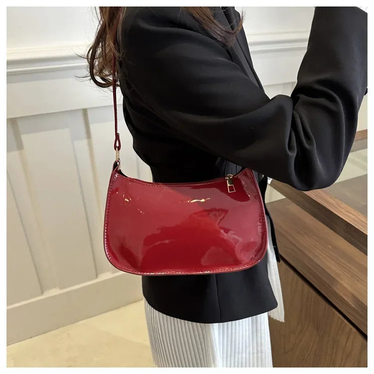 Vintage Wine Red Patent Leather Glossy Underarm Bag 2024 New Minimalist Lady Zipper Shoulder Bag Elegant Versatile Handbag Trend