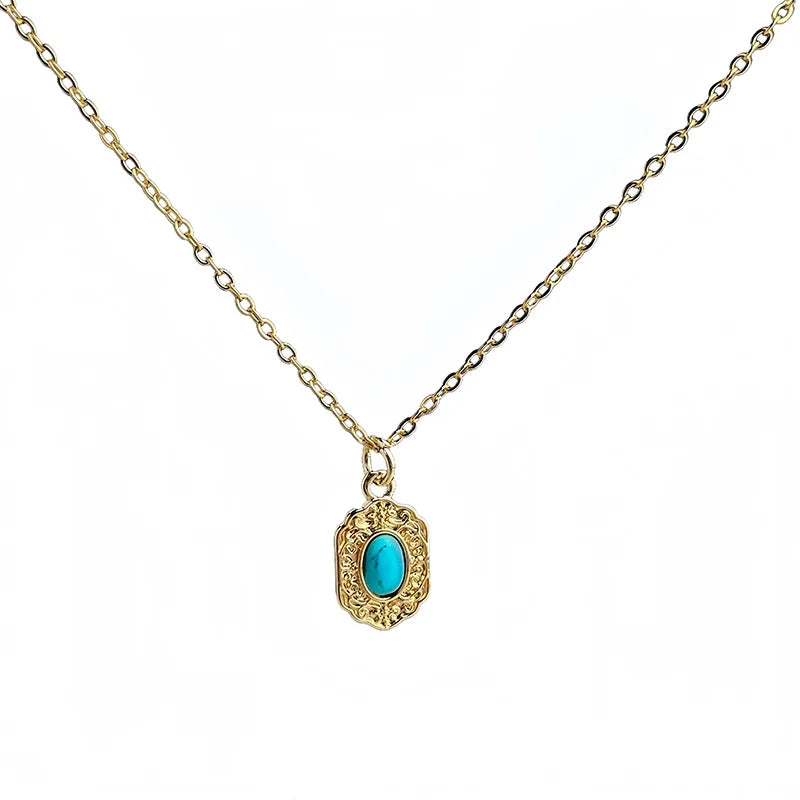 Retro commute women's neck chain geometric shape Necklace Electroplating 18k Jewelry on the neck turquoise stone Women's jewelr
