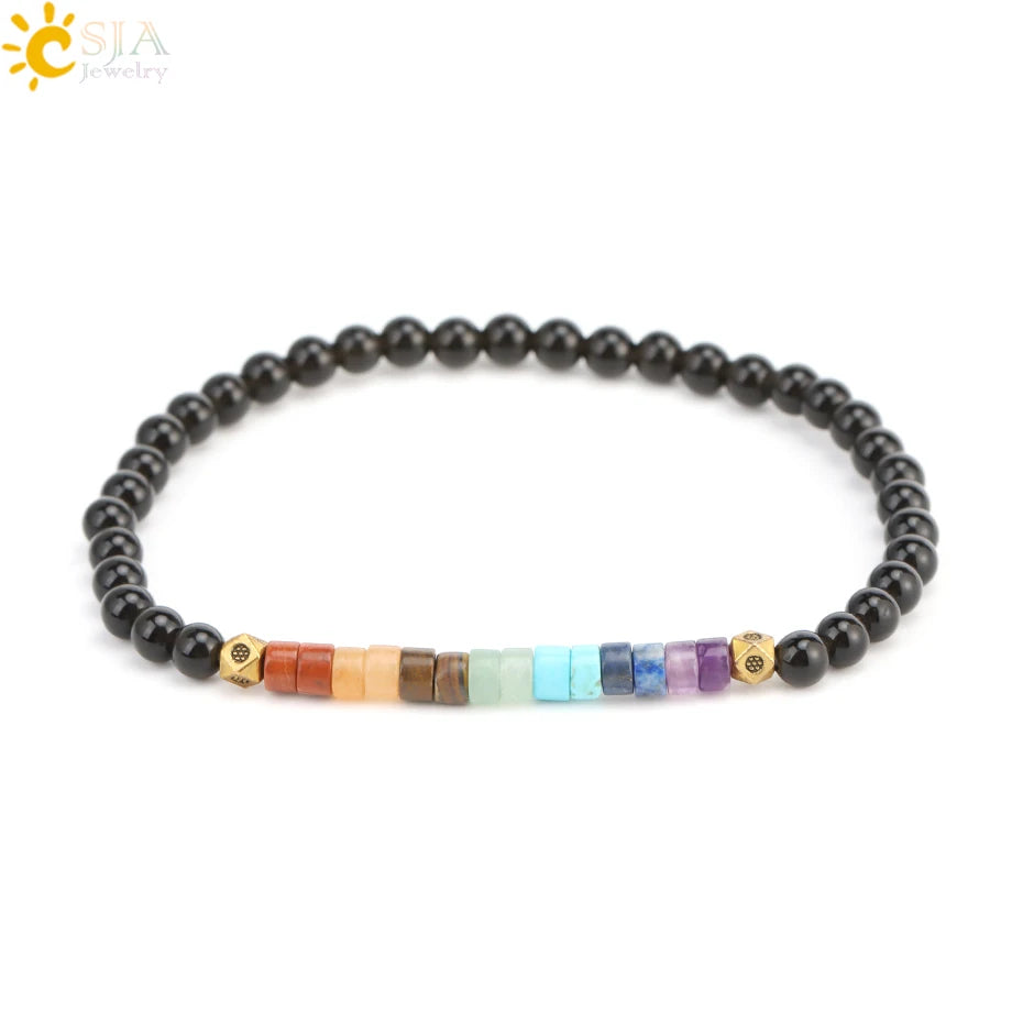 CSJA Natural Stone Bracelet Healing 7 Chakra Crystal Bracelet  Black Obsidian Tiger Eye 4mm Mini Beaded Bangle Luck Jewelry H393