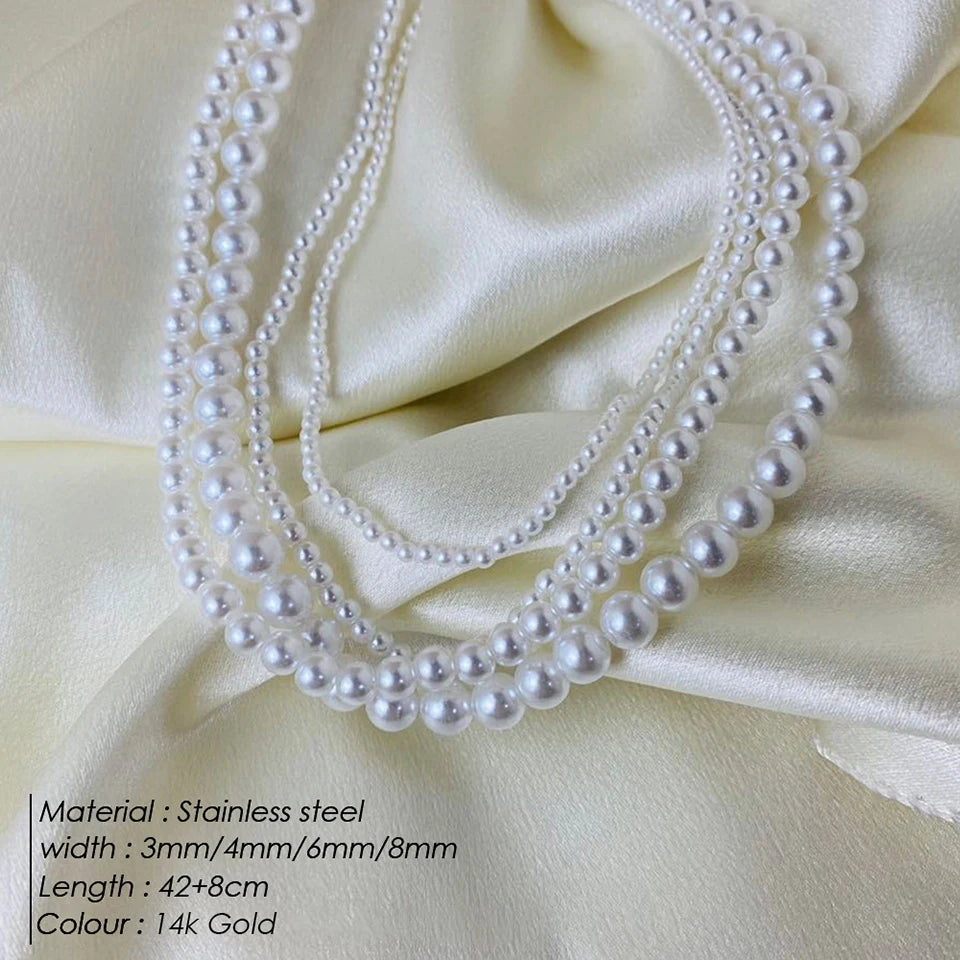 eManco New Imitation Pearl Necklaces Round Multi Size White Pearl Stainless Steel Necklace Women's Collarbone Chain