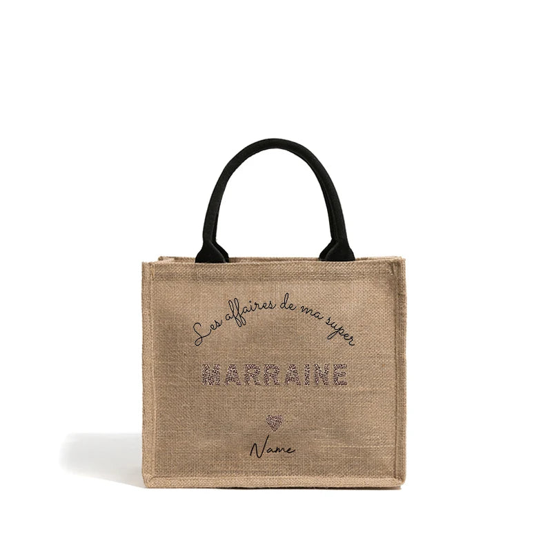 Customizable with Name Leopard Letter for Tata Marraine Garland Patterns Jute Tote with Hand Shopping Bag for Godparents Gifts