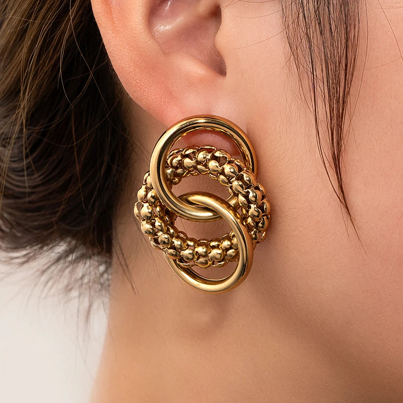 ANENJERY 316L Stainless Steel Circular Splicing Earrings For Women Men Fashion Unique Punk Hip hop Jewelry Gift Wholesale
