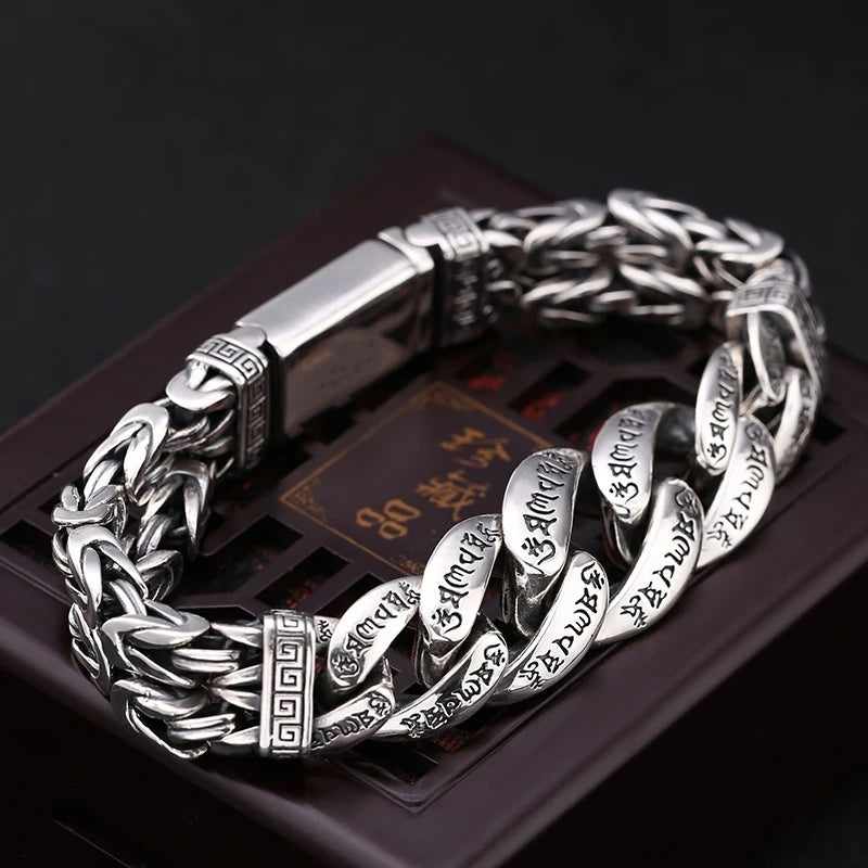 S925 Sterling Silver Personalized Men and Women Bracelets Six-Character Peace Pattern Cuban Chain Jewelry Exquisite Gift