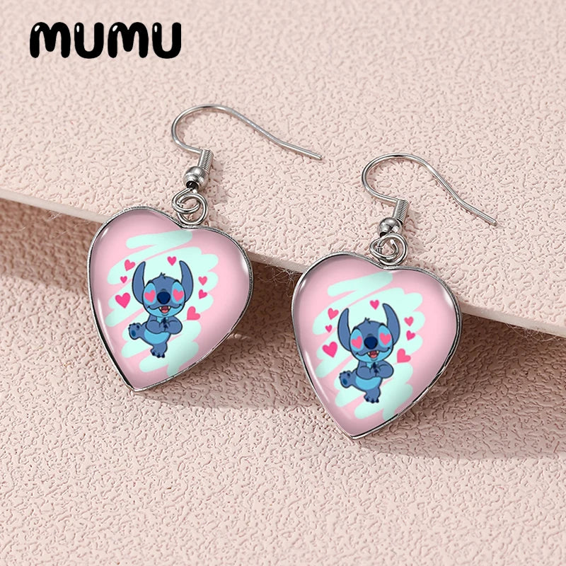 2024 New Lilo Stitch and Angel Dangle Earring Heart Shaped Earrings Handmade Glass Dome Jewelry Gifts Fans