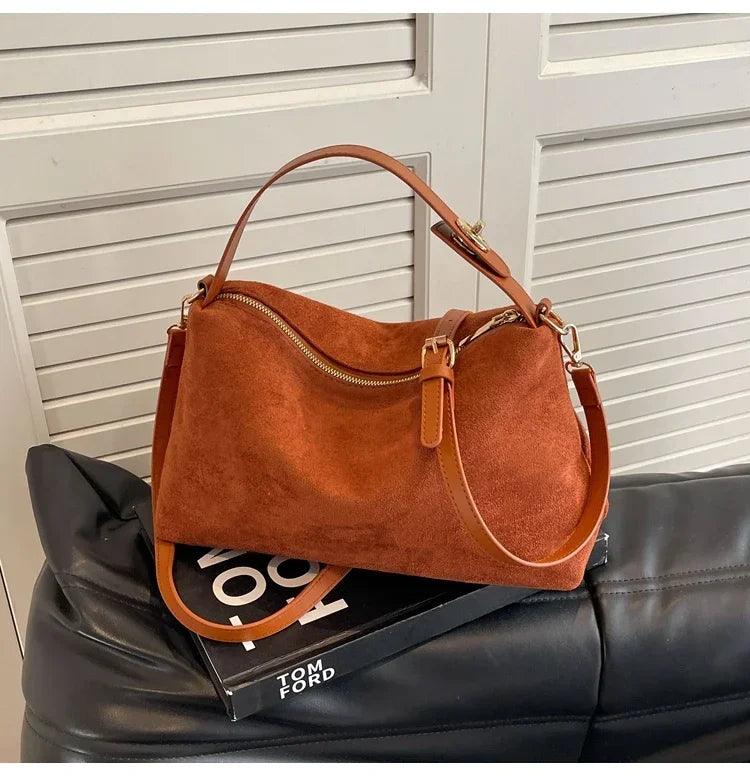 New Solid Color PU Zipper Women's Bag Suede Large Capacity Women's Shoulder Bag Fashion Versatile Casual Dual Purpose Handbag
