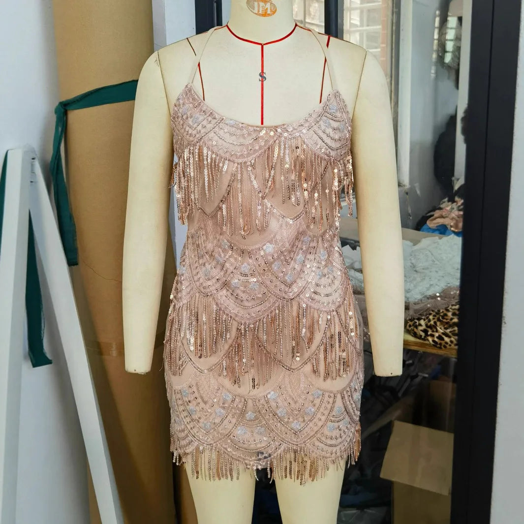Prom Dress Tassel - Spaghetti Strap Mini Evening Cocktail Dress