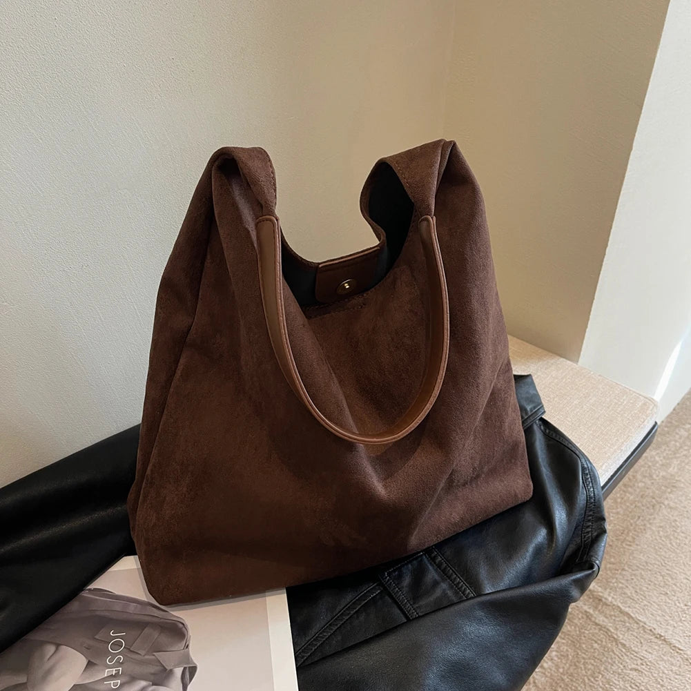 Women Suede Shoulder Bag Retro Single Shoulder Bag Large Capacity Trendy Work Hobo Solid Color Vintage Hobo Bag Top Handle Bag