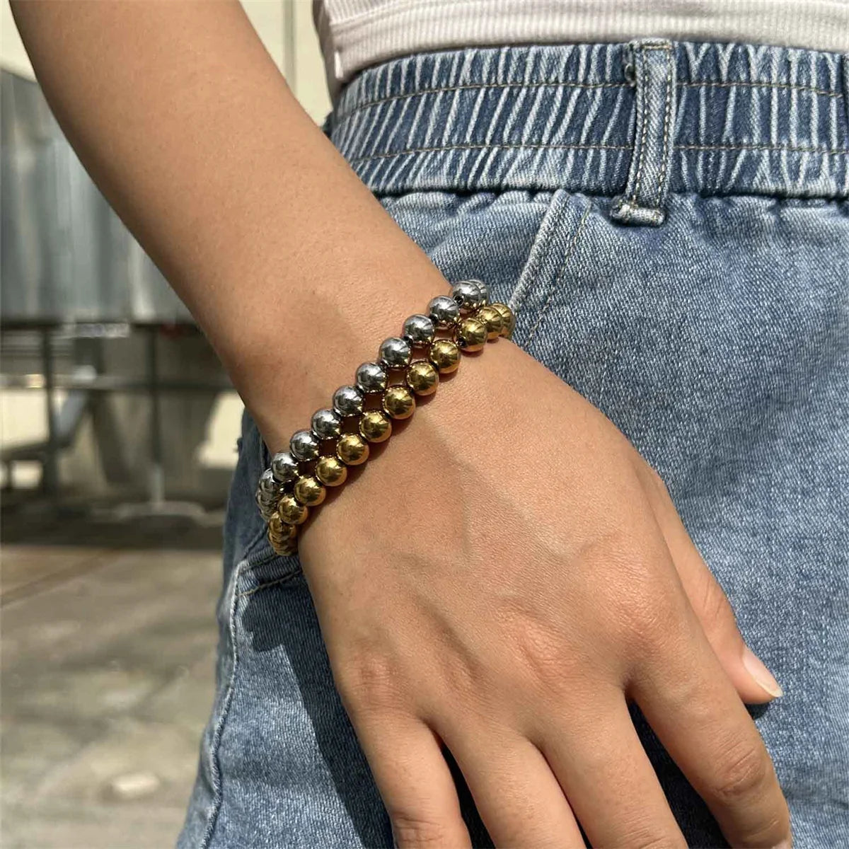 MisenBaBa Stainless Steel Ball Beads Cuff Bracelet for Women Gold Silver Color Beaded Bracelets Charms Metal Statement Jewelry