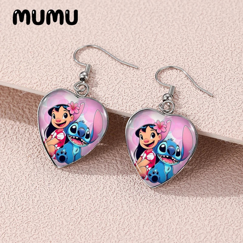 2024 New Lilo Stitch and Angel Dangle Earring Heart Shaped Earrings Handmade Glass Dome Jewelry Gifts Fans