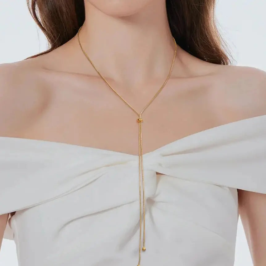 Teamer Long Snake Chain Round Bead Necklace Stainless Steel Gold Color For Girls Women Minimalist Trendy Simple Jewelry Gift