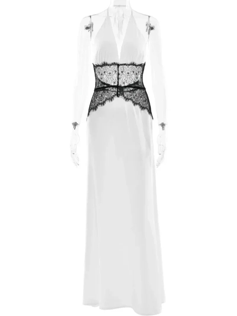 Deep V-Neck Backless Dress - Lace Satin Halter Maxi Evening Gown