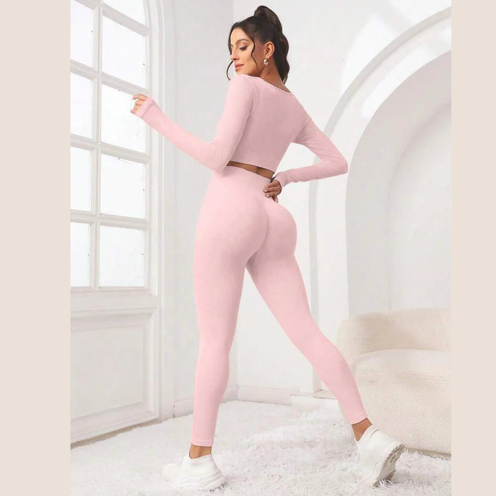 New autumn style threaded long sleeve trousers set, breathable and elastic, a good choice for sports yoga,