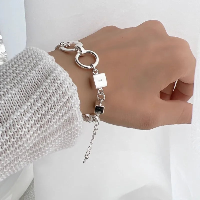 925 Sterling Silver Bracelet Geometric Cube Circle Punk Asymmetric Beaded For Woman Girl Fashion Jewelry Gift Dropship Wholesale