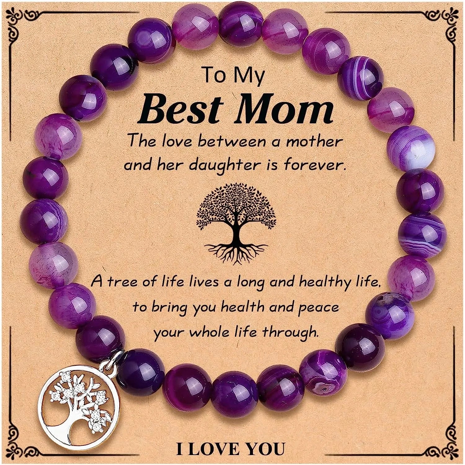 Purple Agate Bracelet Life Tree Card, Rhodochrosite Beaded Natural Stone Bracelet, Nana/Grandma/Mom Birthday Christmas Day Gifts