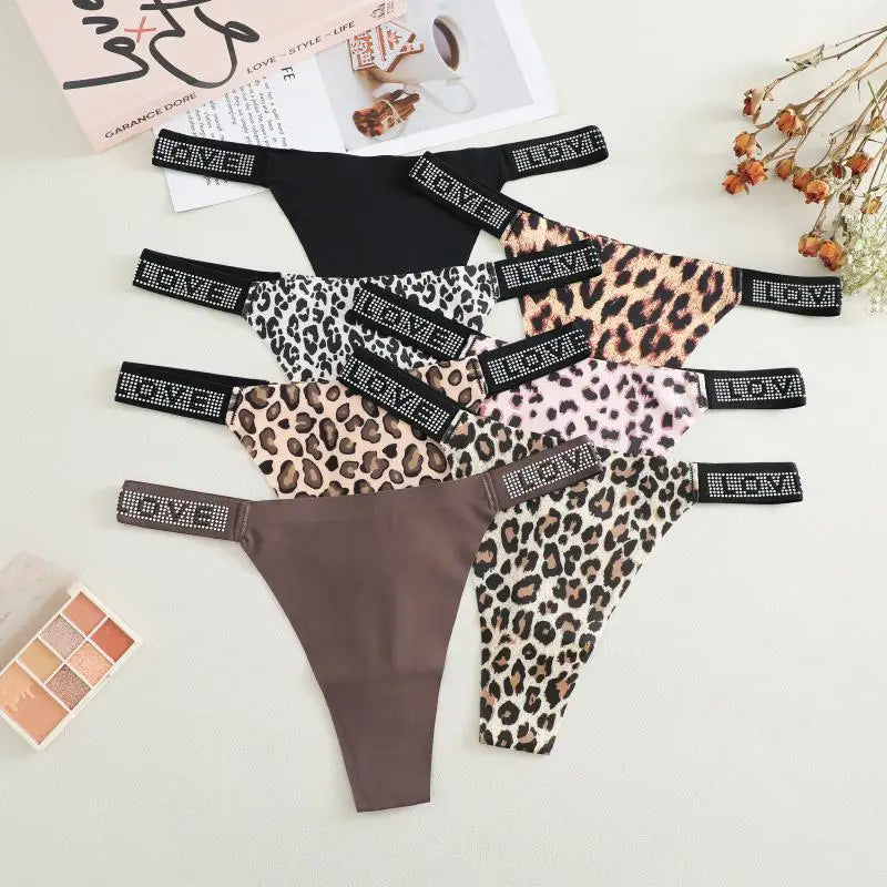 7Pcs/Set Printed Leopard Crystal Letter Thongs For Women Fashion Low Waist Soft Breathable Underpants Female Traceless G-string
