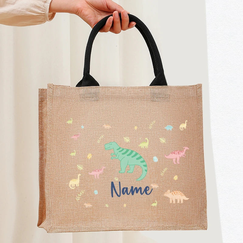 Customizable Name Pastel Dinosaur Vintage Circus Sea Animal Patterns Jute Tote with Hand Shopping Bag for Childrens Friends Gift