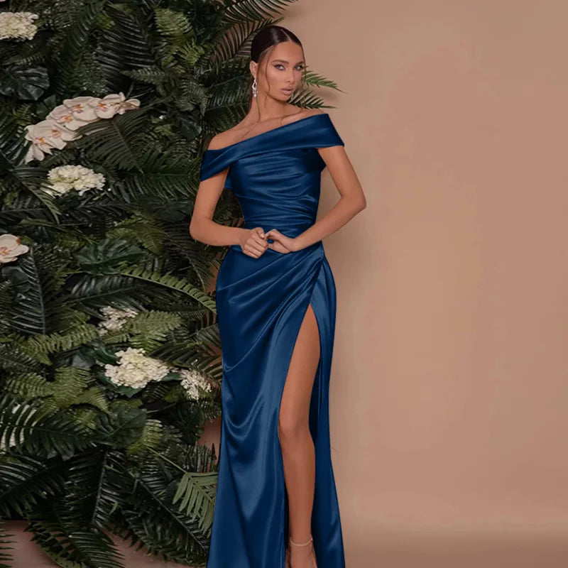 Sexy Satin Halter Dress - Ruched Slit Long Evening Gown