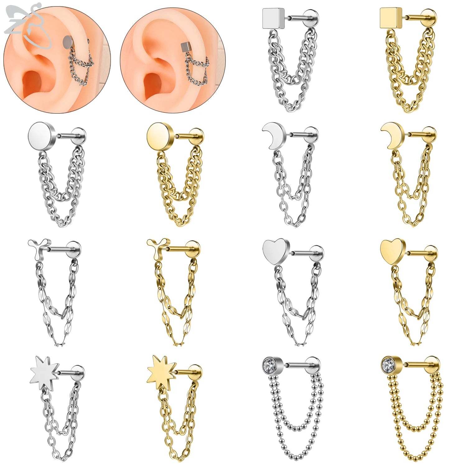 ZS 1PC 16G/18G Stainless Steel Ear Studs O-Shaped Stud Earrings Plug In Gold Color Cartilage Earring Heart Ear Piercings Jewelry