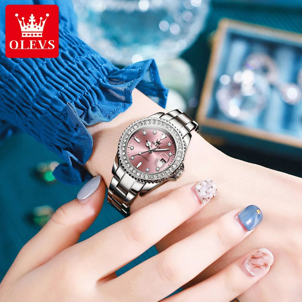 OLEVS 9945 Top Brand Original Quartz Watch for Women Luxury Diamond Lap Calendar Hand Clock Stainless Steel Ladies Wristwatches