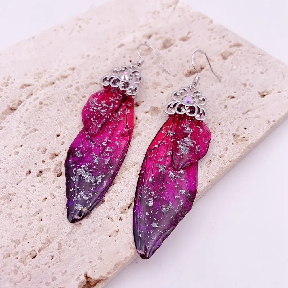 Handmade Fairy Simulation Wing Earrings Insect Butterfly Wing Drop Earrings Foil Rhinestone Earrings Romantic Bridal Jewelry