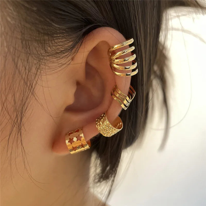 KOTiK 2024 New Gold Silver Color Leaves Clip Earrings for Women Fashion Ear Cuff Non-Piercing Earrings Set Trend Jewelry Gift